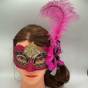 Pink and Gold Masquerade Mask with Feather.Hand painted in Italy